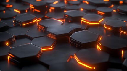 Fototapeta premium Futuristic Hexagonal Surface with Glowing Orange Lines in a Dark Setting Ideal for Technology and Digital Backgrounds