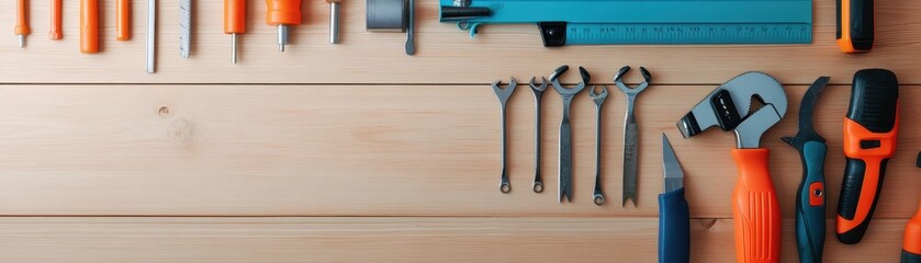 A collection of various tools arranged neatly on a wooden surface, ideal for DIY projects and craftsmanship.