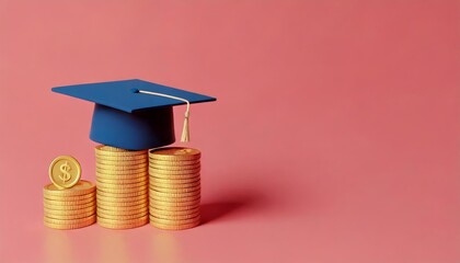 A graduation cap rests atop stacks of gold coins, symbolizing the investment in education and the potential financial return.