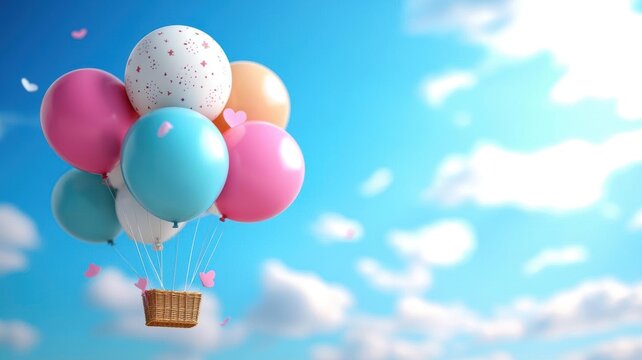 Floating helium balloons in a sunny sky, with a travel destination below, combining the themes of adventure and exploration