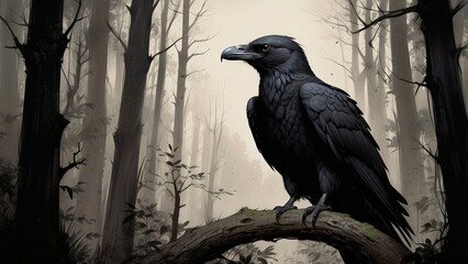 Fototapeta premium Illustration of a black raven sitting on a branch in the woods 