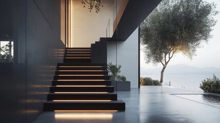 Modern architectural interior with illuminated stairs leading to scenic outdoor view featuring trees and tranquil waters, showcasing minimalist design elements.