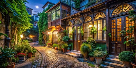 Fototapeta premium Mesmerizing nighttime photo of a quaint greenhouse nestled in Kuzguncuk, Istanbul, featuring intricate windows and a lovely wooden door, creating an enchanting atmosphere.