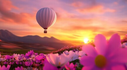 Obraz premium Hot Air Balloon Floating Above Meadow with Dandelions and Grass at Sunset