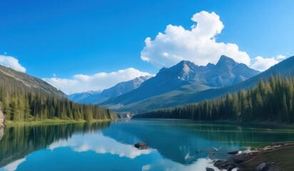 Obraz premium mountains are reflected in the water of a lake surrounded by trees