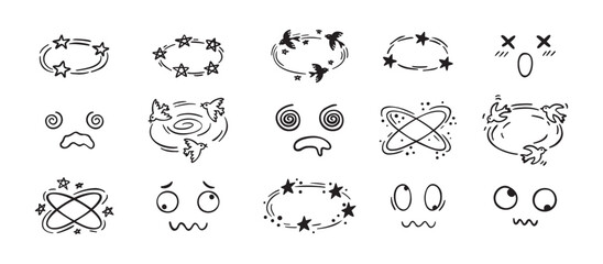 Dizzy effect drawing hand drawn doodle cartoon set. dizzy faces, birds and stars overhead emotions drawing.
