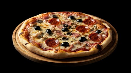 A pizza fresh out of the oven with melted cheese and various toppings like pepperoni, olives, and basil.