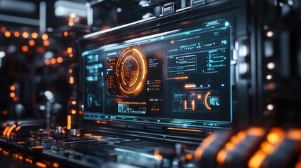Fototapeta premium Intelligent factory monitoring system displaying real-time analytics holographic dashboards, predictive insights, automated quality control, cutting-edge industrial intelligence