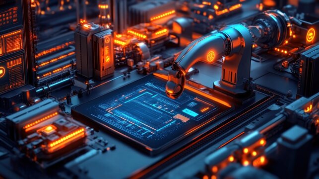 Intelligent factory monitoring system displaying real-time analytics holographic dashboards, predictive insights, automated quality control, cutting-edge industrial intelligence
