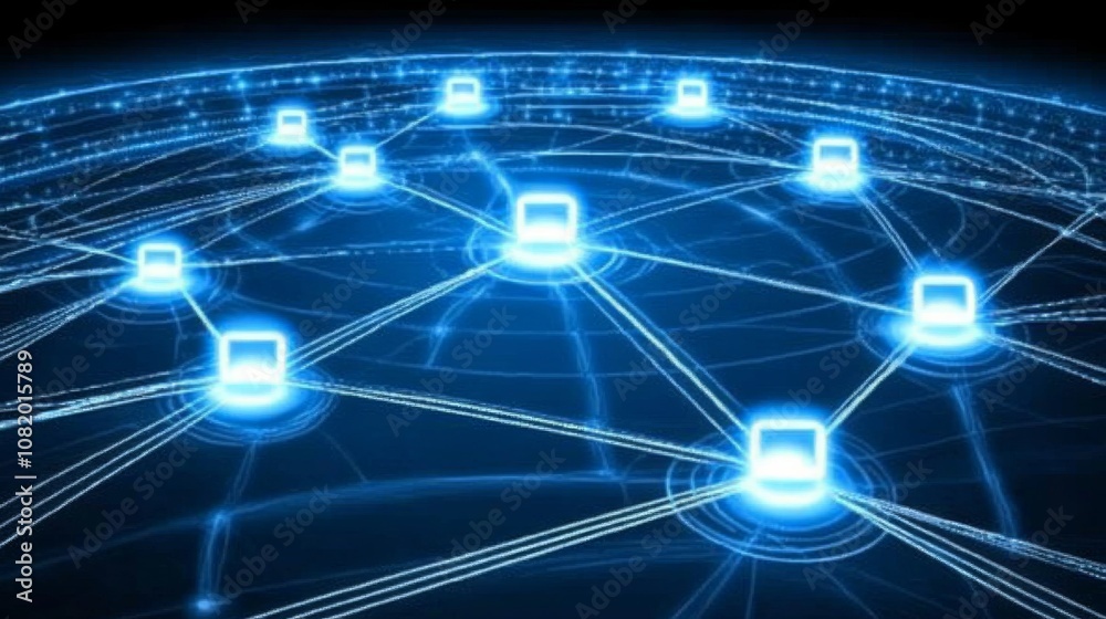 Poster Futuristic Network Connection Illustration Showing Multiple Computers and Dotted Lines Representing Data Transmission and Connectivity in a Technological Environment