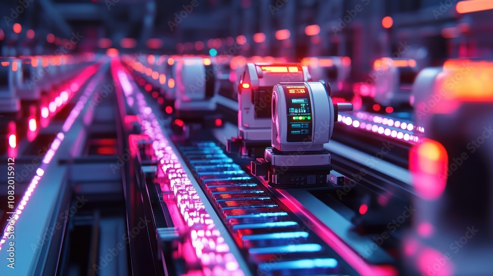 Poster robots sorting materials on an automated production floor conveyor belts, seamless operations, glowi