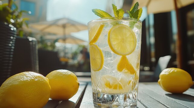 A refreshing glass of lemonade on a sunny patio table, garnished with lemon slices and mint leaves.