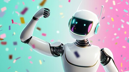 Futuristic Robot Celebrating with Colorful Confetti on Vibrant Background