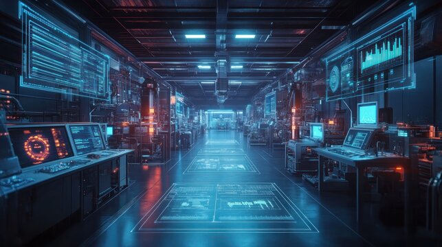Smart factory with integrated IoT devices machines communicating with each other, real-time data collection, autonomous process control, futuristic industrial design