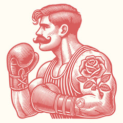 Boxer Vector Illustration Featuring a Strong Man with Mustache, Boxing Gloves, and Rose Tattoo in Vintage Style