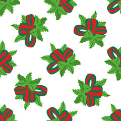 Festive red and green bow with holly leaves seamless pattern,  christmas holiday decoration illustration in flat style.