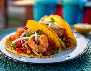 Street Food Style Tacos Gobernador with Grilled Shrimp, Cheese, and Bell Peppers, Captured in a Vibrant Outdoor Market Scene with Fresh Ingredients and Authentic Flavors
