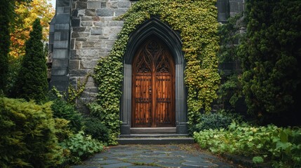 Fototapeta premium Stone Building with Ivy-Covered Archway and Wooden Door