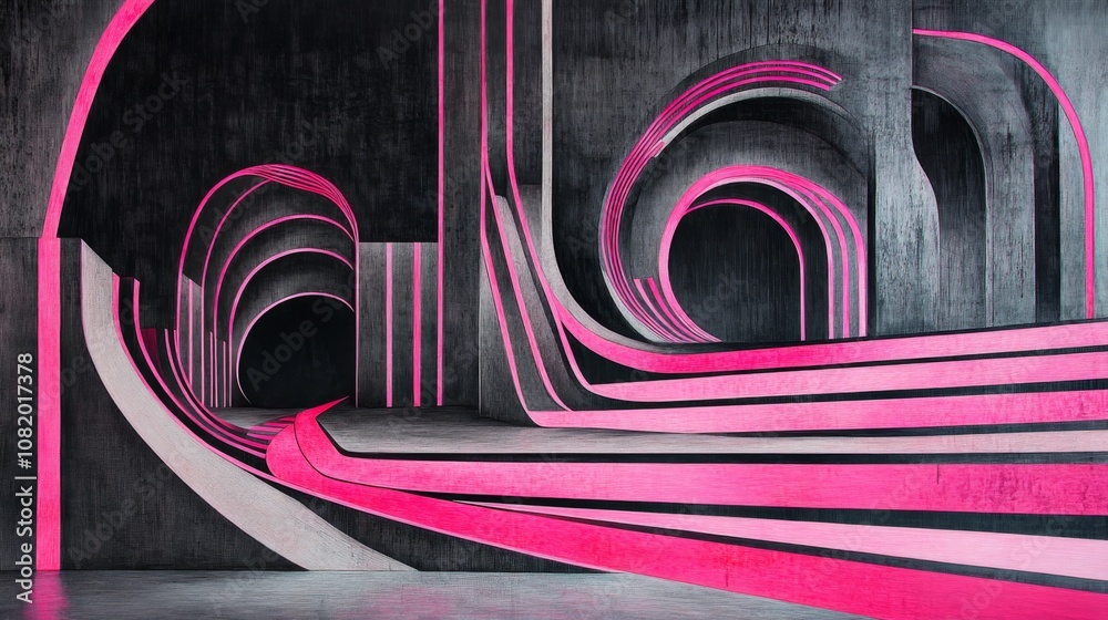 Fototapete abstract geometric design with pink lines and curved patterns in a futuristic dark space, perfect fo