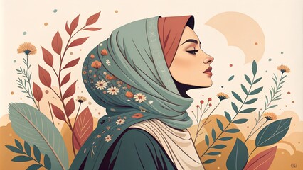 Serene woman in floral hijab surrounded by nature elements