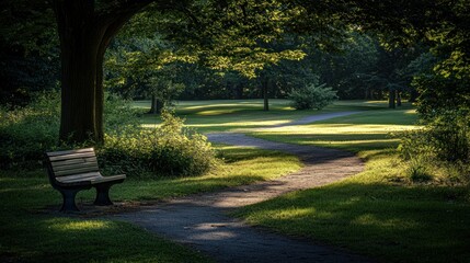 Fototapeta premium A Wooden Bench Under a Tree Beside a Winding Path in a Lush Green Park