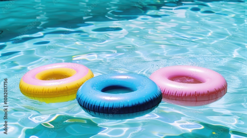 Poster three inflatable rings floating in a pool, suitable for a fun summer scene or party decoration