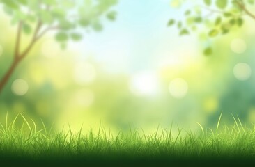 Obraz premium Beautiful serene nature background with soft focus green grass and blurred leaves under gentle sunlight creating a tranquil outdoor atmosphere for relaxation and inspiration