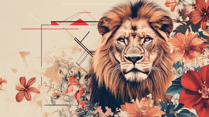 Artistic lion portrait surrounded by floral elements.