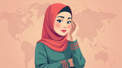 Confident woman in red hijab posing against world map backdrop