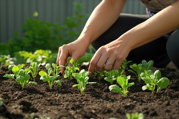 A person kneels down in a garden, surrounded by various plants, possibly for gardening or harvesting