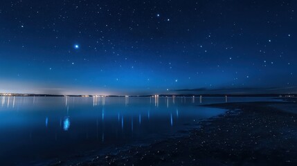 Serene Night Sky Reflections Over Calm Waters with Stars Twinkling and a Hint of Light from Distant Shores in a Tranquil Coastal Landscape