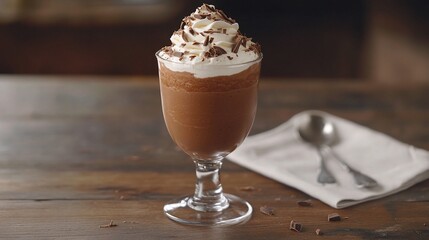A glass of chocolate milkshake with whipped cream and chocolate shavings on top.
