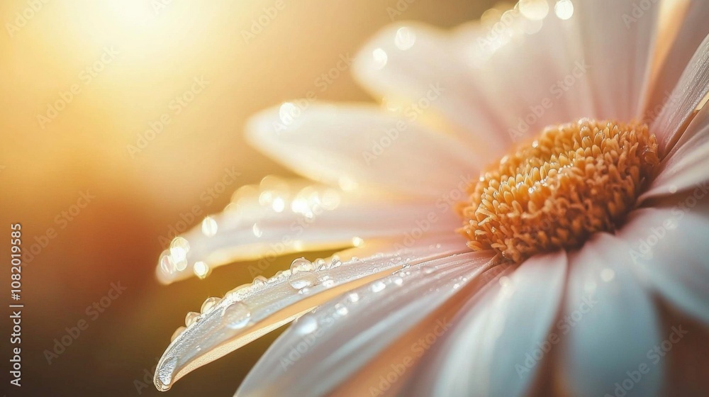 Poster close-up perspective of a delicate flower petal adorned with sparkling water droplets against a soft