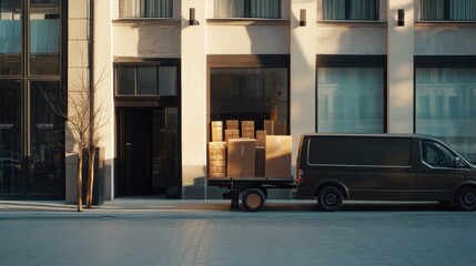 High-End Retail Delivery: Vehicle Parked Outside Luxury Store with Packages Being Unloaded by Courier, Emphasizing Quality of Service and Retail Process