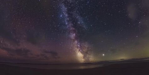 Fototapeta premium Stunning Night Sky Over Calm Water with the Milky Way Galaxy and Stars Visible in a Clear Sky, Perfect for Nature Lovers and Astrophotography Enthusiasts