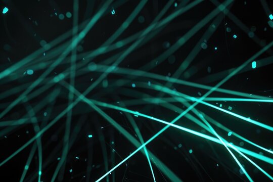 A geometric pattern of green lines and dots on a black background