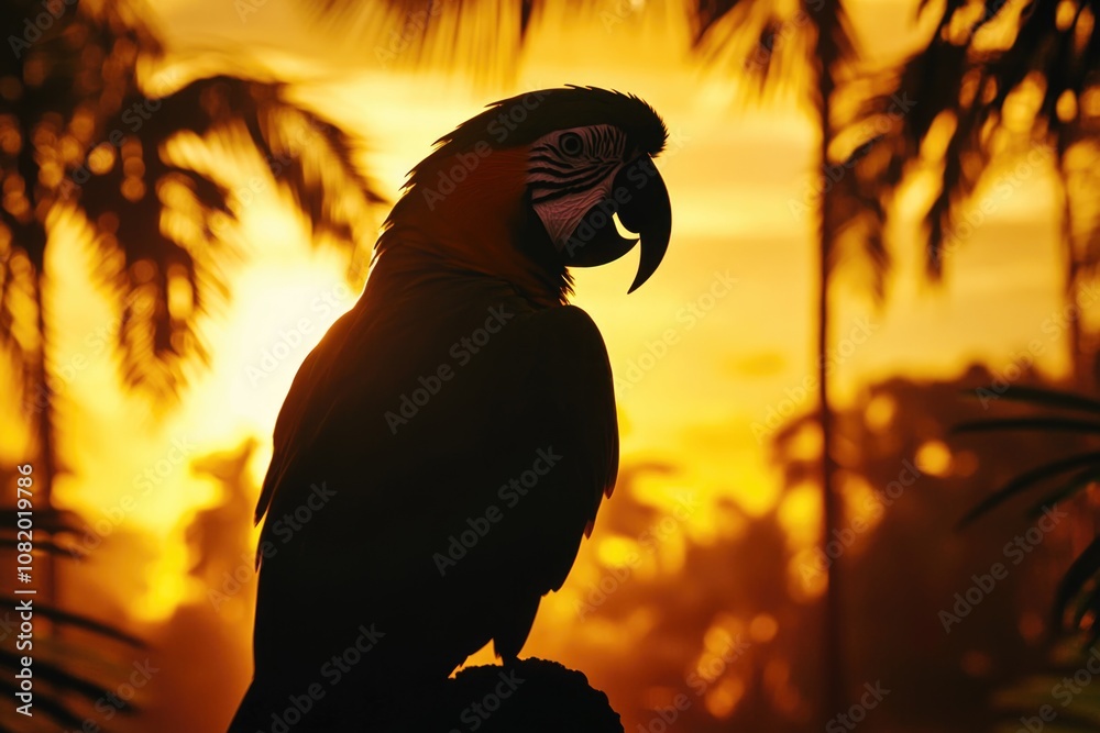 Poster a colorful parrot sits atop a tree branch, looking out at the surroundings