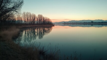 Obraz premium A serene lakeside view at sunset, with a reflection of trees and mountains in the still water.