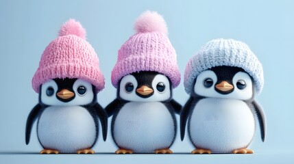 Fototapeta premium Cute baby penguins with winter mittens 3D style AI generated illustration