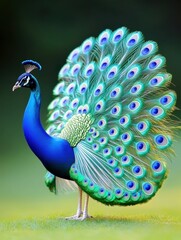 Obraz premium Majestic Peacock Displaying Vibrant Feathers in Lush Green Surroundings