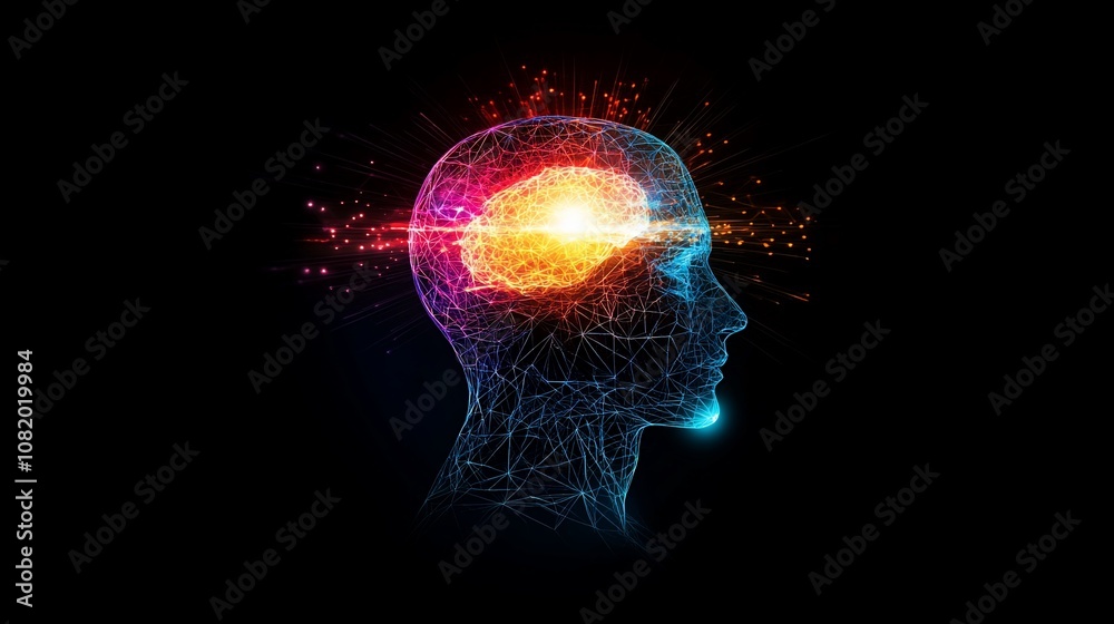 Poster a glowing human head with an abstract brain inside, representing knowledge and innovation.