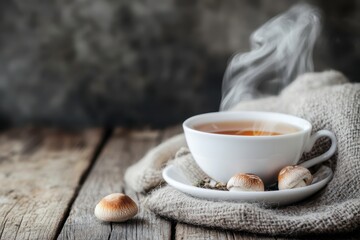 Steaming Mushroom Tea in a Rustic Teacup