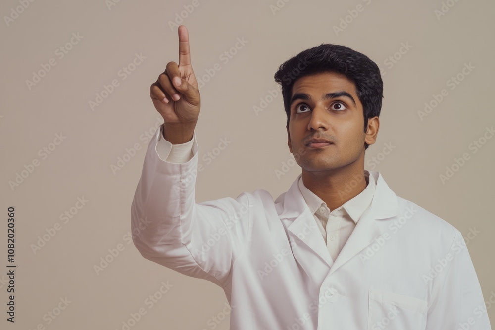Poster A scientist in a lab coat points at a sample or data, highlighting important information