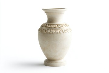 A white vase sits atop a table