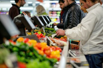 A group of customers surrounding a colorful produce stand