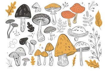 A collection of colorful mushrooms and leaves arranged on a plain white background