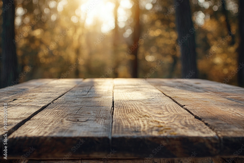 Aufkleber A rustic wooden table standing alone in the midst of a dense forest, surrounded by tall trees and underbrush