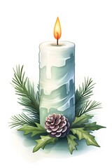 Beautiful Christmas candle displayed in a watercolor style for card print AI generated illustration