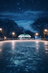 Blue tinged ice skating rink on a winter night AI generated illustration