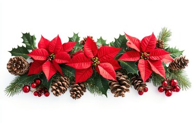 Bright Red Poinsettias with Pinecones and Holly Arranged in Festive Display for Holidays and Celebrations on White Background